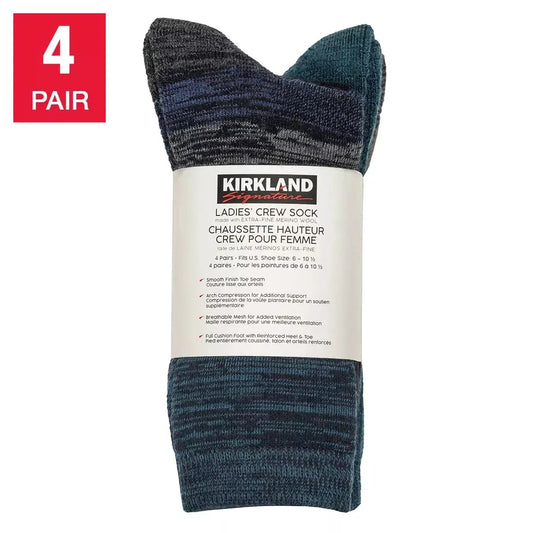 4 Pairs Kirkland Signature Women Ladies Extra Fine Merino Wool Blend Crew Socks